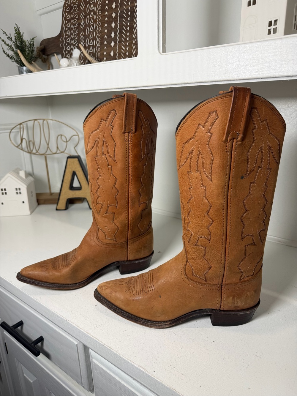 Vintage Dan Post Marlboro Womens 8M Tan Leather Cowboy Boots Made USA